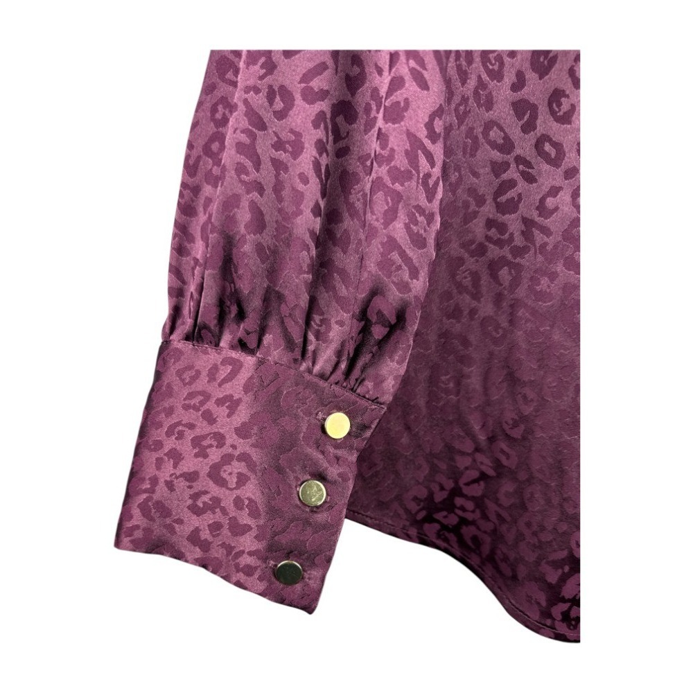 Investments Purple Animal Print Tie Neck Blouse L Satin Button Down Long Sleeve - Picture 4 of 8